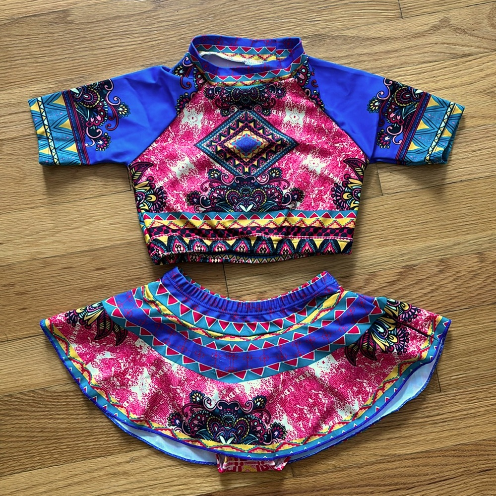 Tribal Style Rashguard Skirted 2 Piece Paisley Bikini Swimsuit Bathingsuit